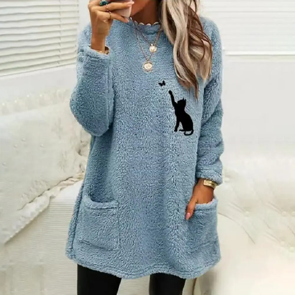 O-Neck Long Sleeve Pockets Mid-Length Winter Sweatshirt Women Loose Fit Embroidery Cat Pattern Fleece Pullover Top Blouse Blouse