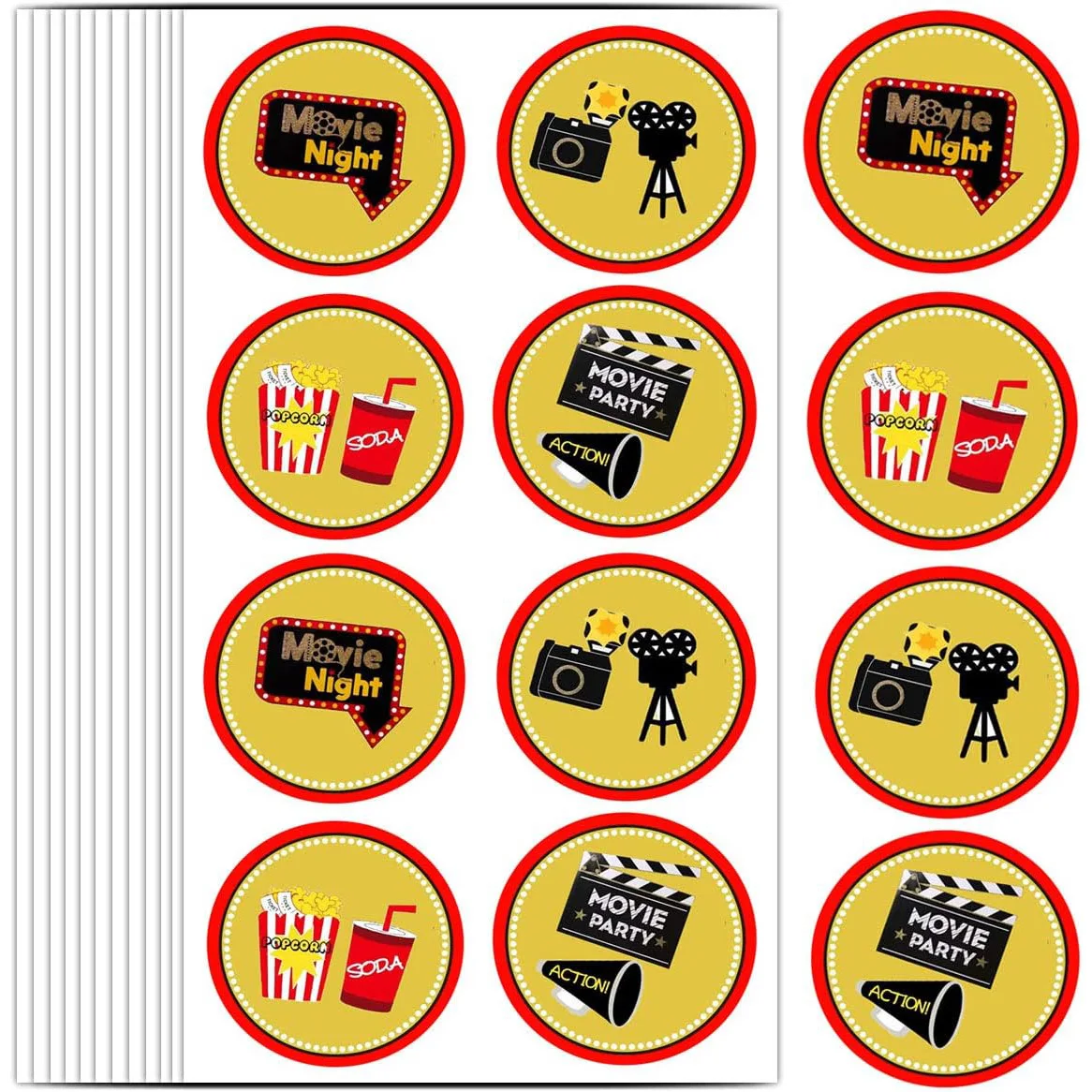 Movie Night Party Stickers Round Self Adhesive Cinema Theater Hollywood Themed Birthday Party Stickers