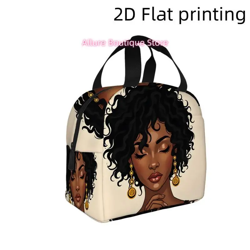 2D Flat Printing, 1pc, Elegant Woman with Curly Hair and Golden Earrings. Printed Insulated Cooler Bag - Reusable Portable Hot/C