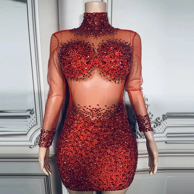 메쉬 힙 스커트 반짝이는 라인스톤 스티칭 기질 파티 여성 타이트 스커트 드레스 Vestidos Largos Elegantes Fiesta Mujer