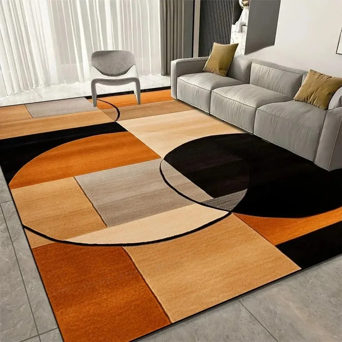 VIKAMA Non-slip Modern Curve Rug Orange Beige Black for Living Room Bedroom Kitchen Decor