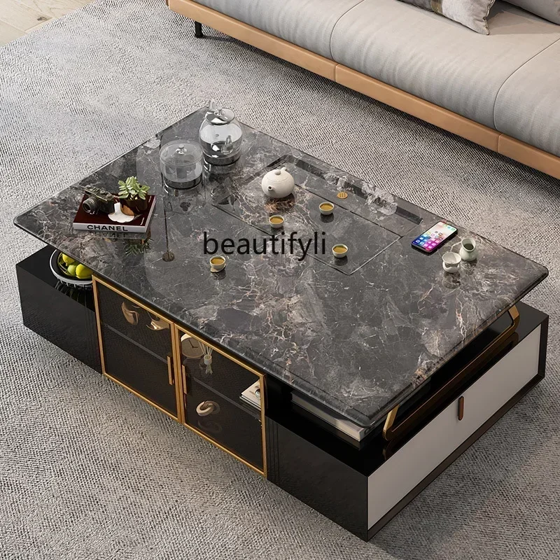 

High-end villa marble kung fu coffee table table walnut living room home high-end light luxury modern