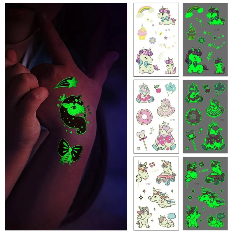 

24 kinds Luminous Temporary Tattoo for Kids Cute Cartoon Unicorn Noctilucent Sticker tatouage temporaire Disposable Party Makeup