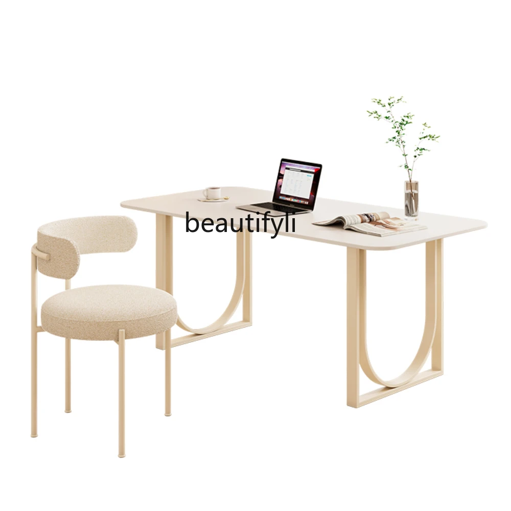 French Cream Style Stone Plate Desk Chair Computer Desk Office Desk Living Room White Tea Table Dining Table