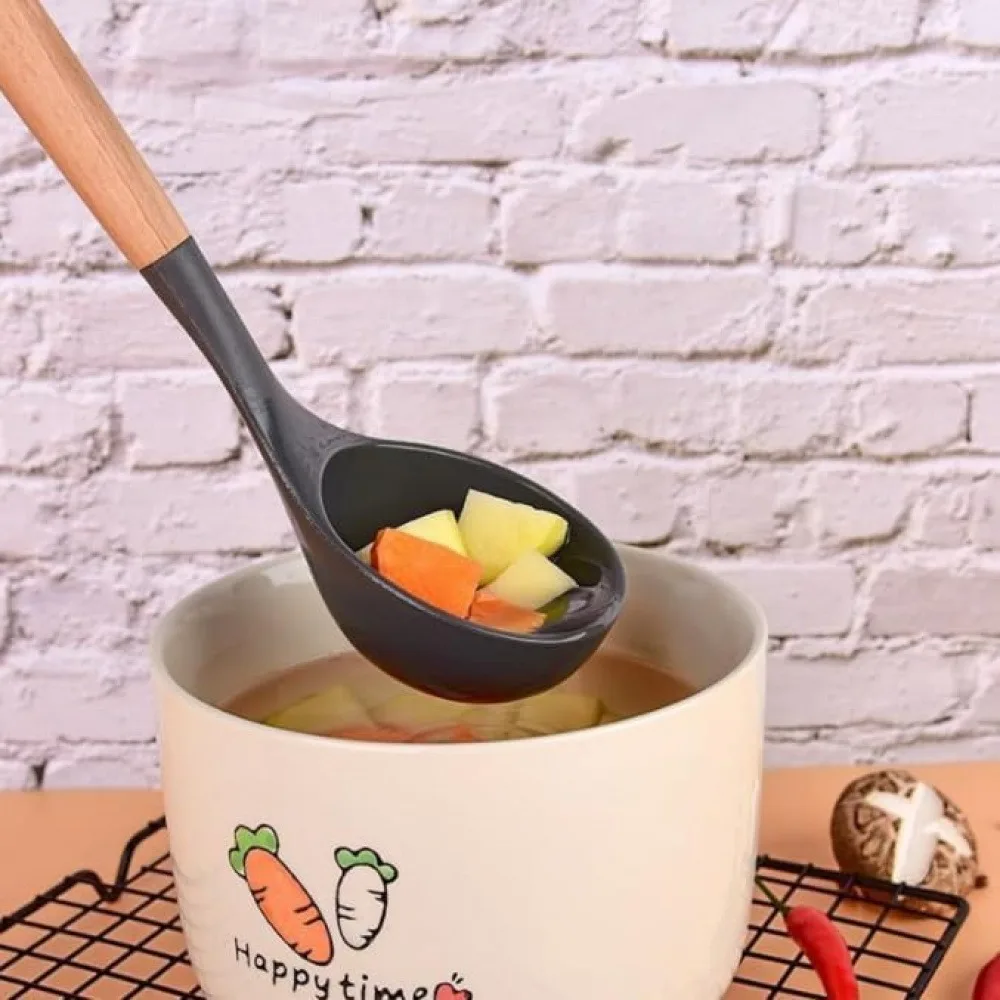 1 Pack Wooden Handle Silicone Soup Ladle, Food Grade Heat Resistant Non-Stick Silicone Cooking Spoon, BPA Free Long Wood Handle Soup Spoon for Home Cooking Soup Stew Hot Pot