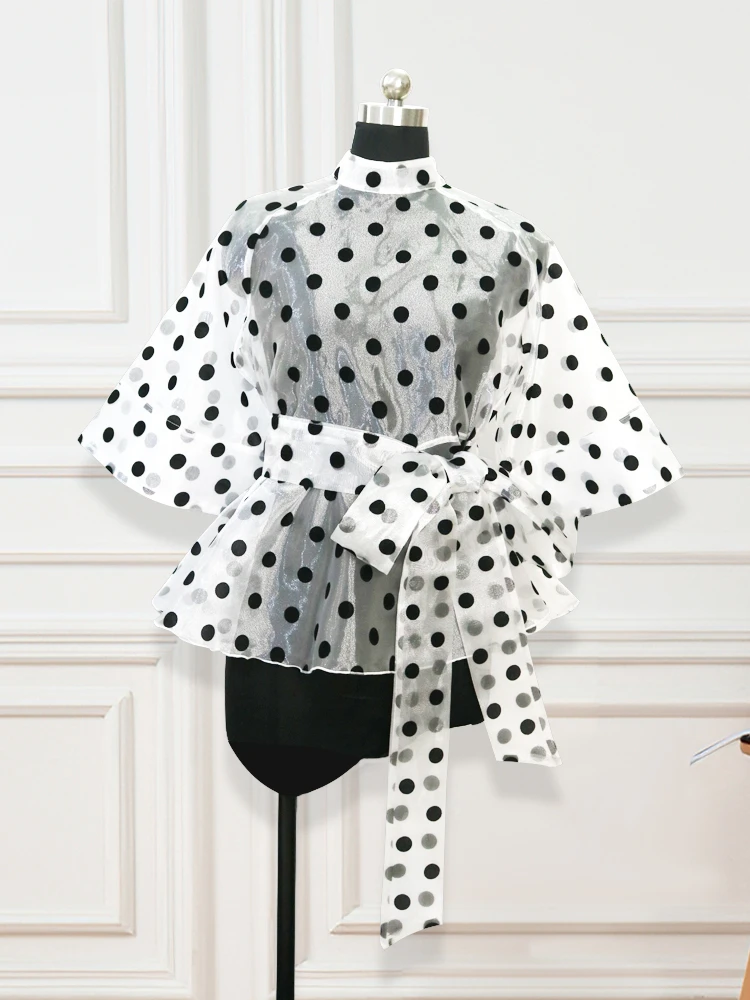 Sexy See Through Blouse and Tops Polka Dot Sashes Waist Slim Ruffles Blouses High Collar Zipper Organza Top 2020 Fashion Female