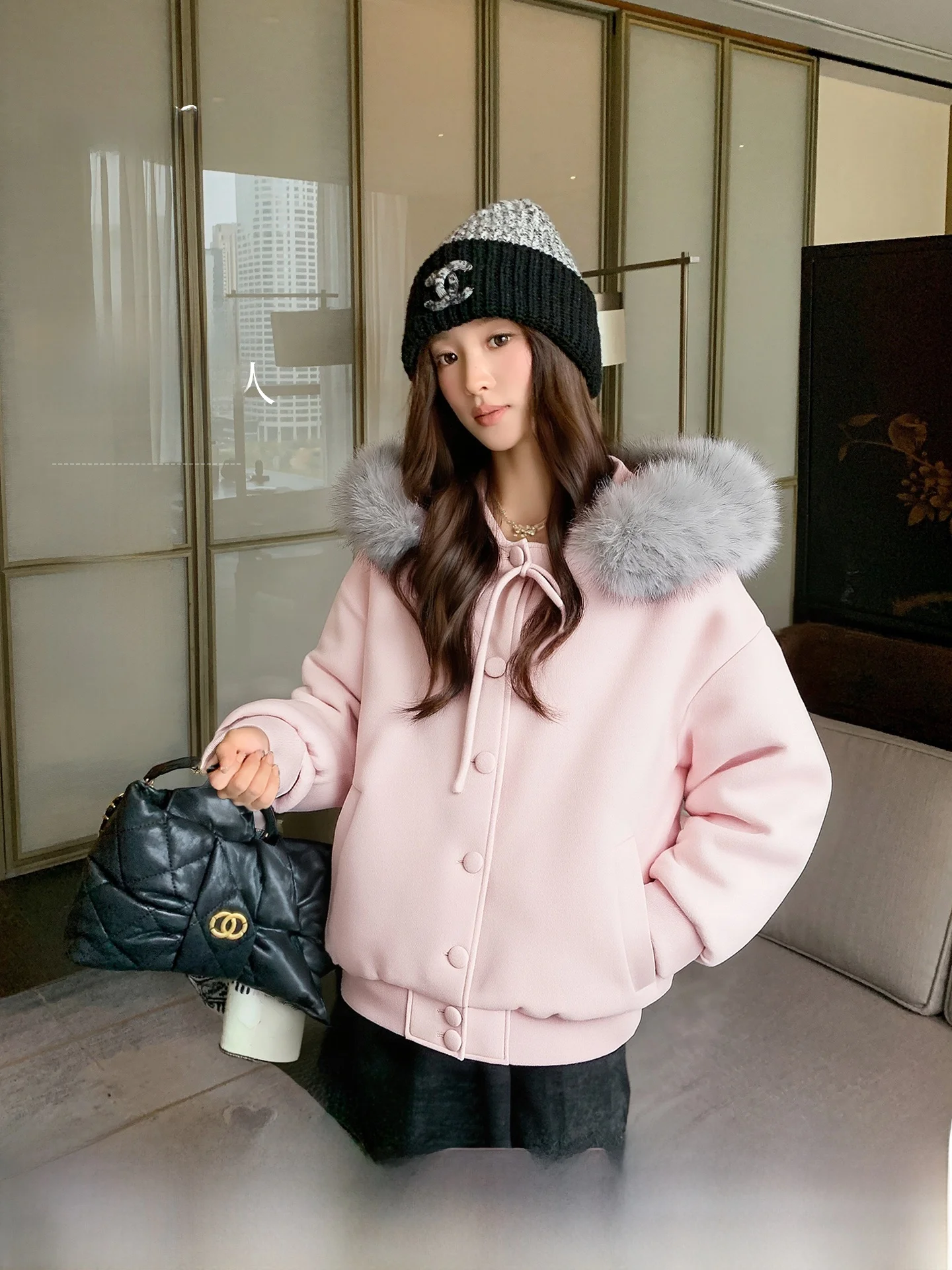 Thickened Woolen Coat Women's Sweet Pink Fur Collar  Knot Cotton Clothes Warm Winter Outerwear Korean Style Straight...