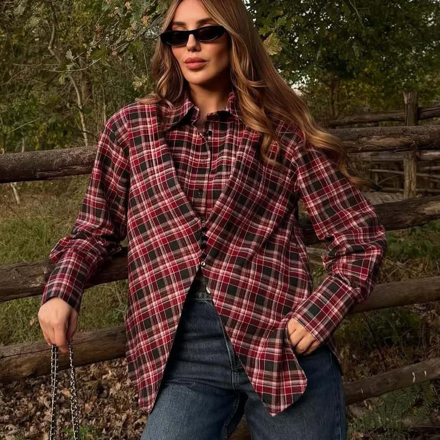 

Женская рубашка в клетку, новинка весны 2026, элегантный европейско-американский стиль, с завязками на талии, ретро-дизайн, модная повседневная блузка