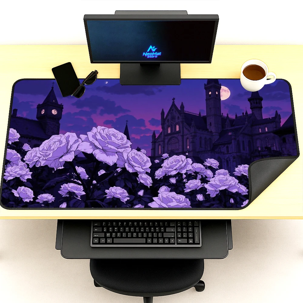 Gothic Floral Desk Mat 140x60 Purple Castle Gaming 160x60 Mousepad Elegant Aesthetic Large Moonlit Mouse Roses