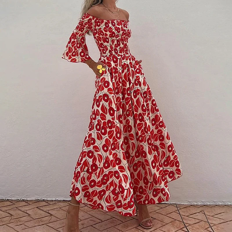 Abito lungo rosso con scollo a barchetta stampato chic Abito estivo da donna elegante con spalle scoperte Abito con maniche svasate Pieghe per le vacanze Abito aderente in vita