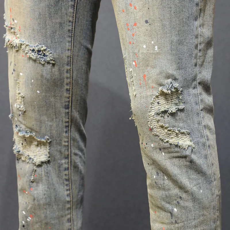 

designerY2K fashion new men's jeans with wrinkles, scratches, nostalgic elasticity, slim fit, washed blue jeans, high street hi