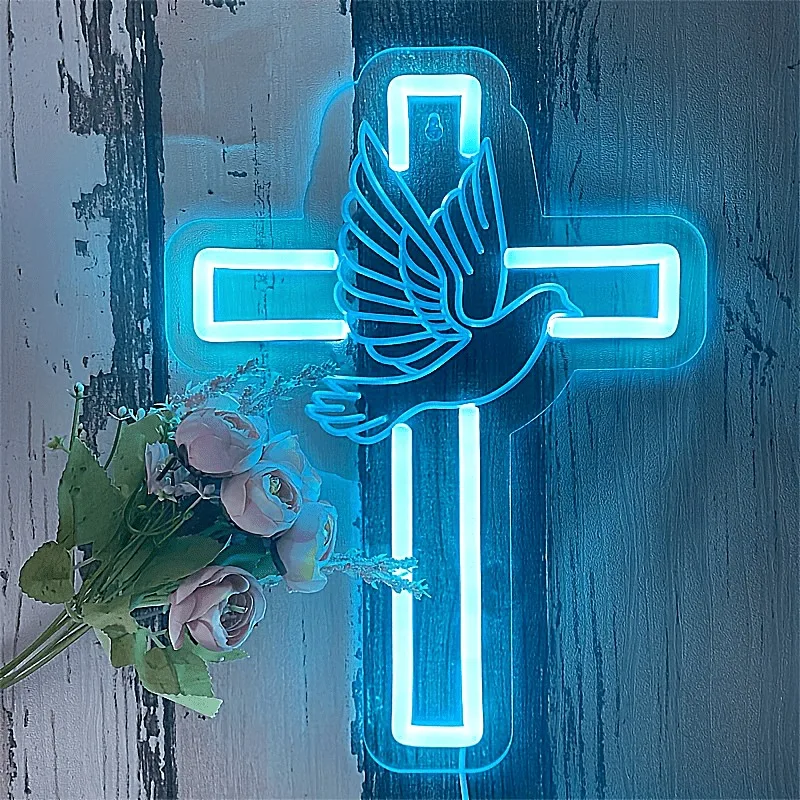 

Светодиодный неоновый светильник в форме креста (голубь мира), ледяной синий, питание от USB с кнопочным выключателем, подходит для наклеек-крестов на стену, украшения дома.