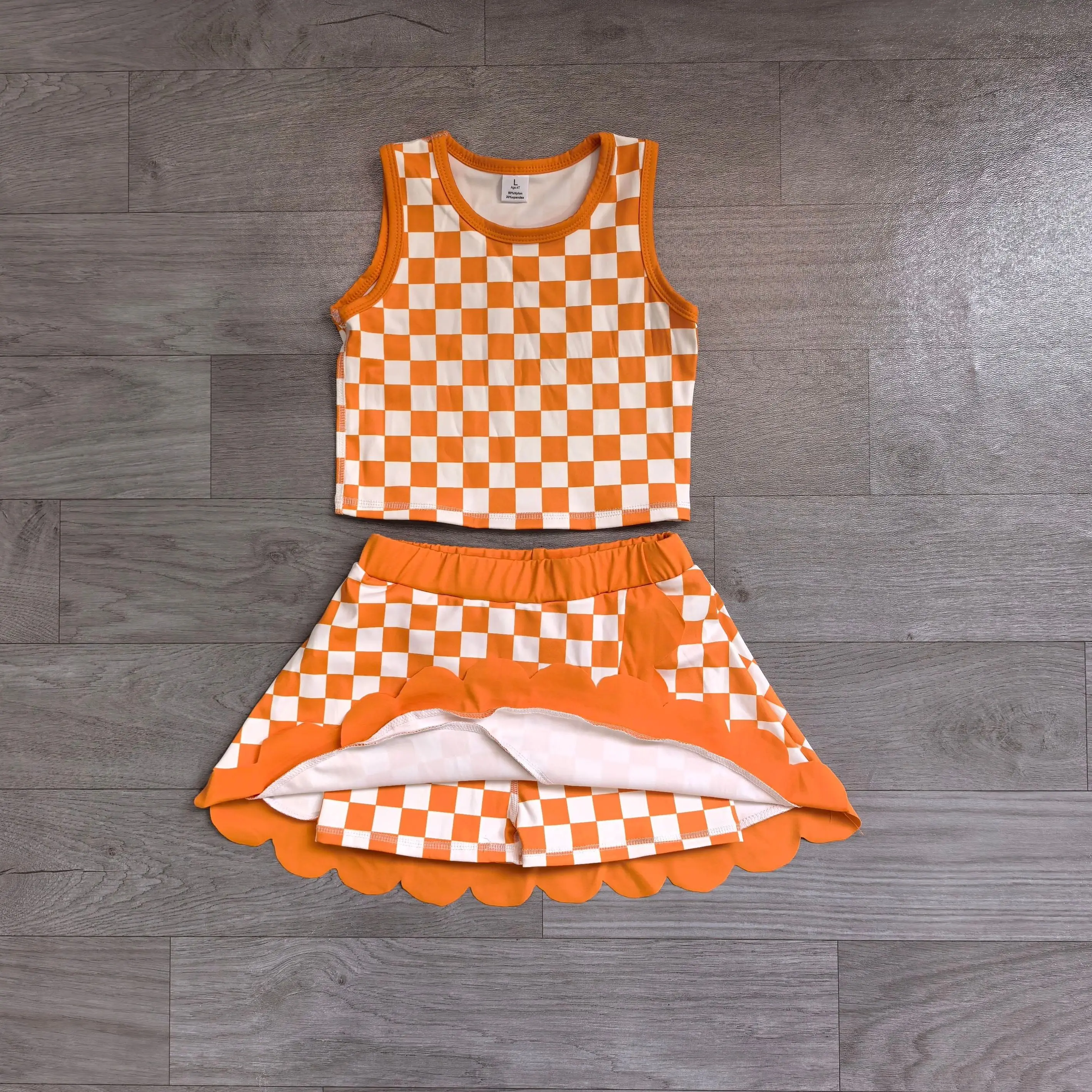 Kids Comfy Clothing Summer Sibling Baby Girl Clothes Sets Checkered Vests Top Scallop Skirt Shorts Mother Kids Outfit Wholesale