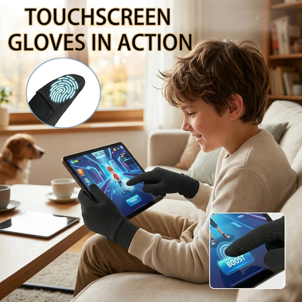 L●Mirror Winter Warm Gloves For Kids 6-12 Anti-Slip Touchscreen Thermal Running Gloves Boys Girls Outdoor Activities Running