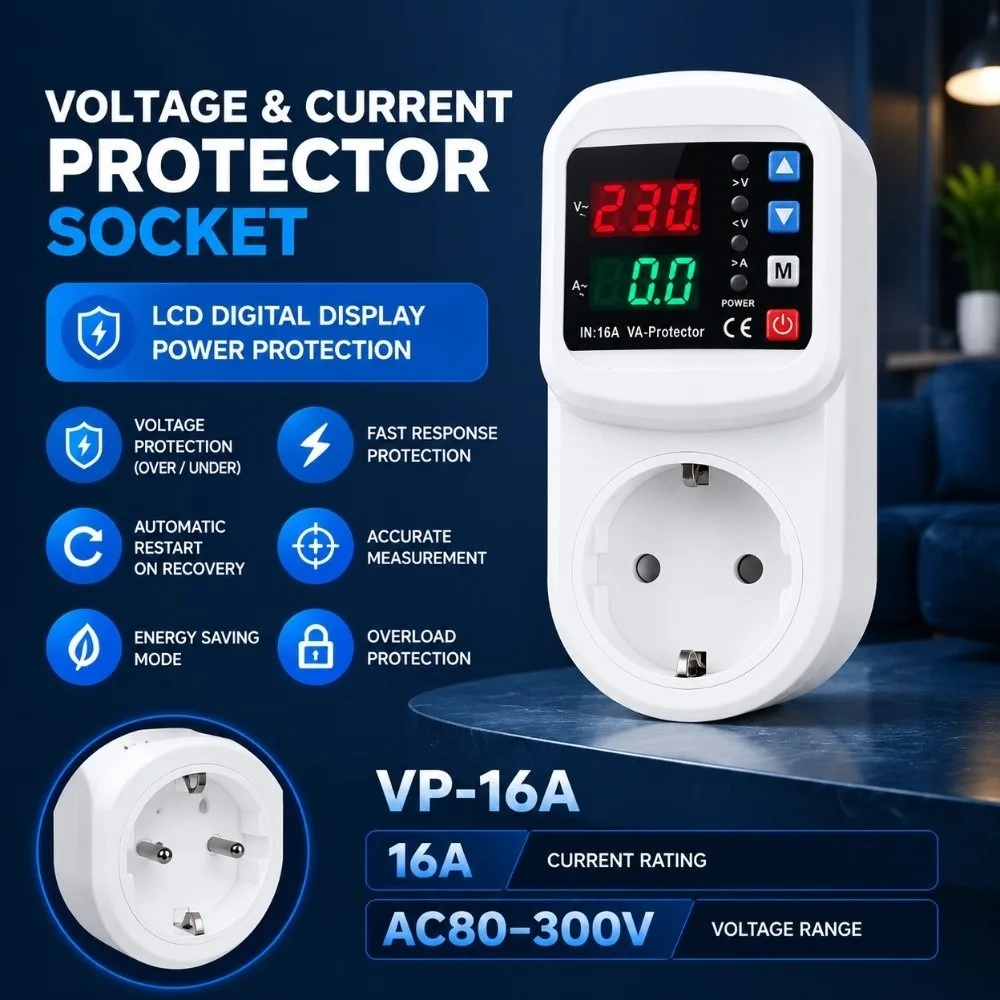 Refrigerator Voltage Protector Adjustable Air Conditioner Current Protector 16A EU Plug Surge Protection HVAC System