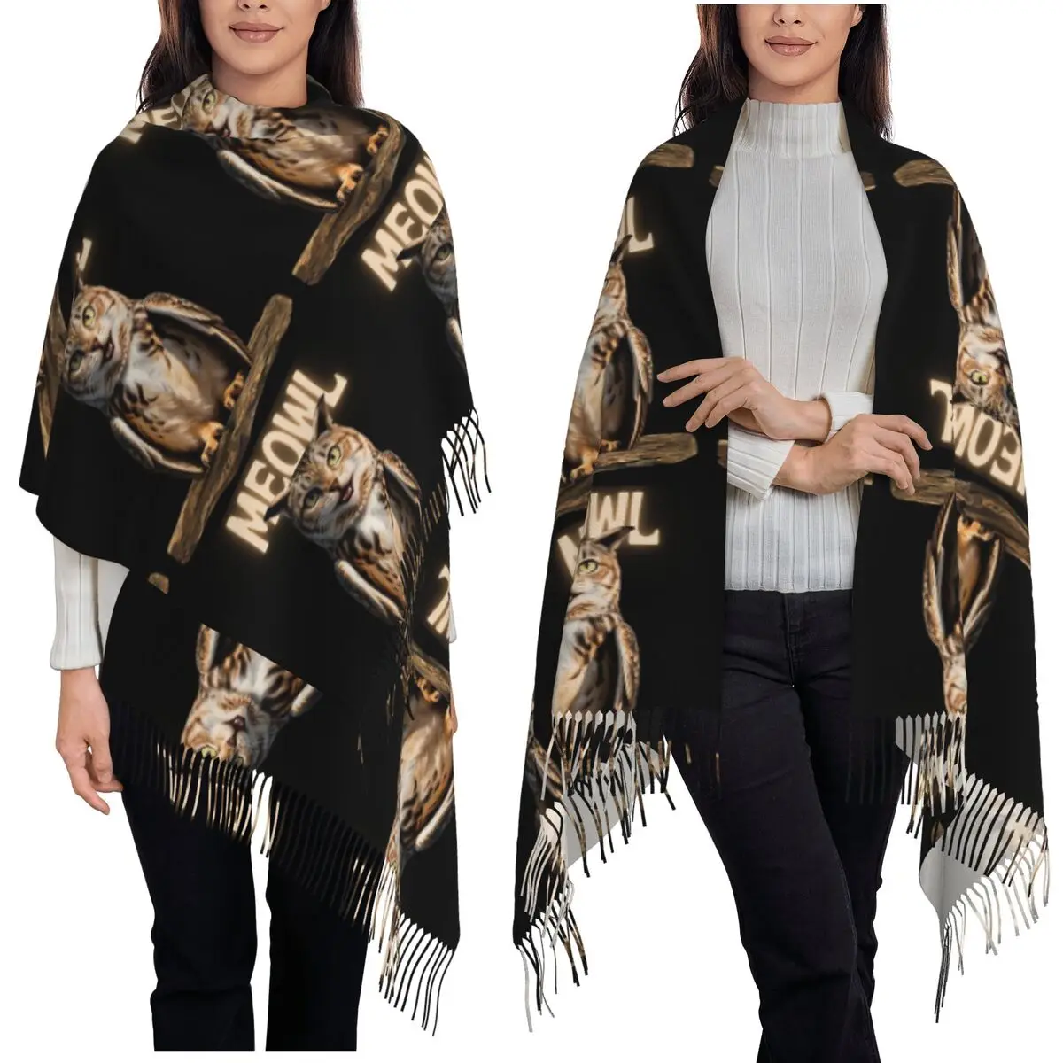Fun Meowl Funny Cat Owl Meme Scarf Tassel Scarves Women Soft Warm Shawls and Wraps Large Fall Winter Shawl Wrap