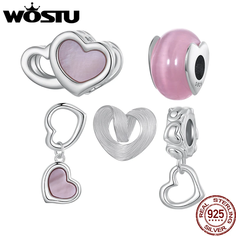 WOSTU Valentine DIY Gift 925 Sterling Silver Natural Shell Double Heart Charm Pendant Pink Murano Glass Beads Fit Bracelet Neck