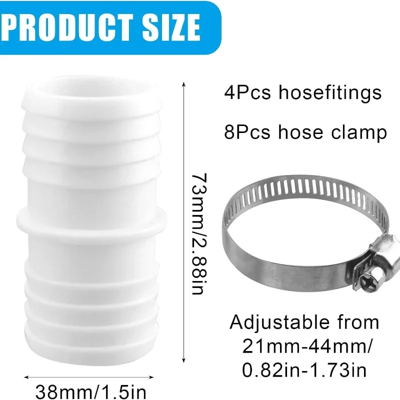 4pcs Hose Connector with 8pcs 38mm Hose Clamps Sets Swimming Pool Nozzle Hose Connector Adapter for Pool Garden and Aquarium