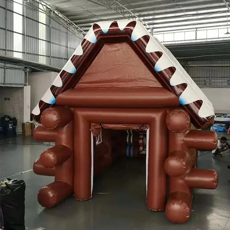 Brown Inflatable log cabin Winter House Cabin Tent With White Roof Outdoor Ski Lodge Irish Pub Bar For Party Event Advertising