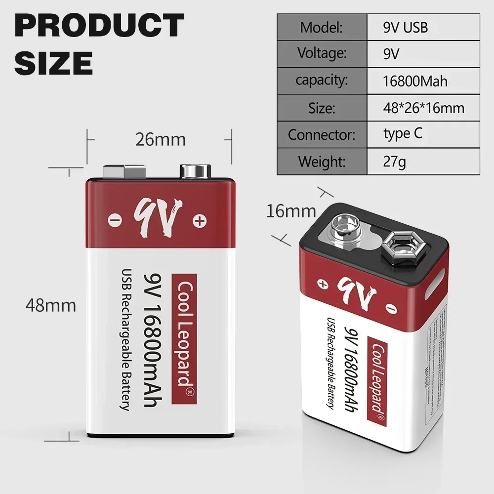 New 9V 16800mah Lithium Ion Rechargeable Battery Type-C USB Multimeter Lithium Microphone Metal Detector Toy Remote + Cable