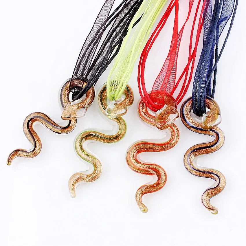 Top Fashion Wholesale 6pcs 2Styles Handmade Murano Lampwork Glass Mixed Color Stripe Snake Pendant Necklace Jewelry Necl0054