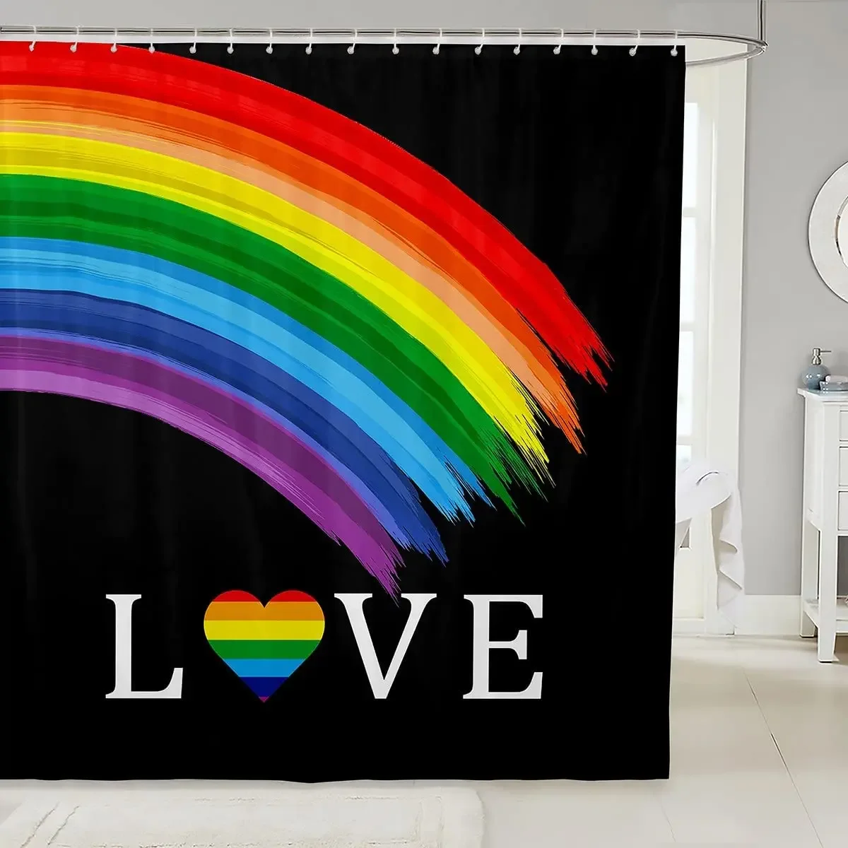 Rainbow Shower Curtain Love Themed Bathroom Curtain for Teens Girls Boys Bathtub Screen Colorful Stripes Waterproof Decoration