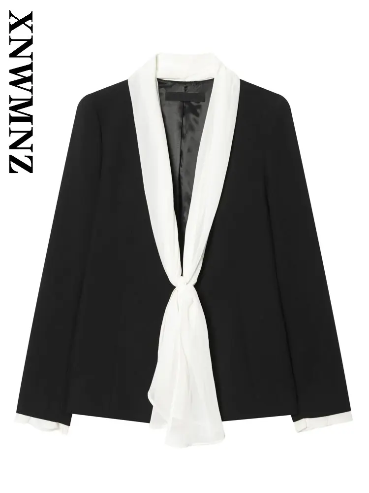 XNWMNZ 2026 Summer New Woman Chic Commuting V-Collar Long Sleeve Suit Coat Party Fashion Lady Casual Thin Slim Outerwear Bowknot