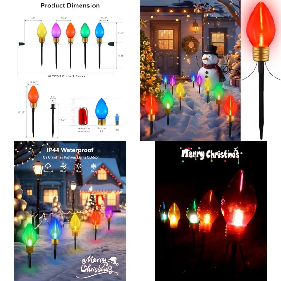 10 Lights Jumbo C9 Pathway Christmas Lights Outdoor, 11Ft 2 Pack 5 LED Giant Bulbs, Large Outdoor Christmas Decor for Holiday L