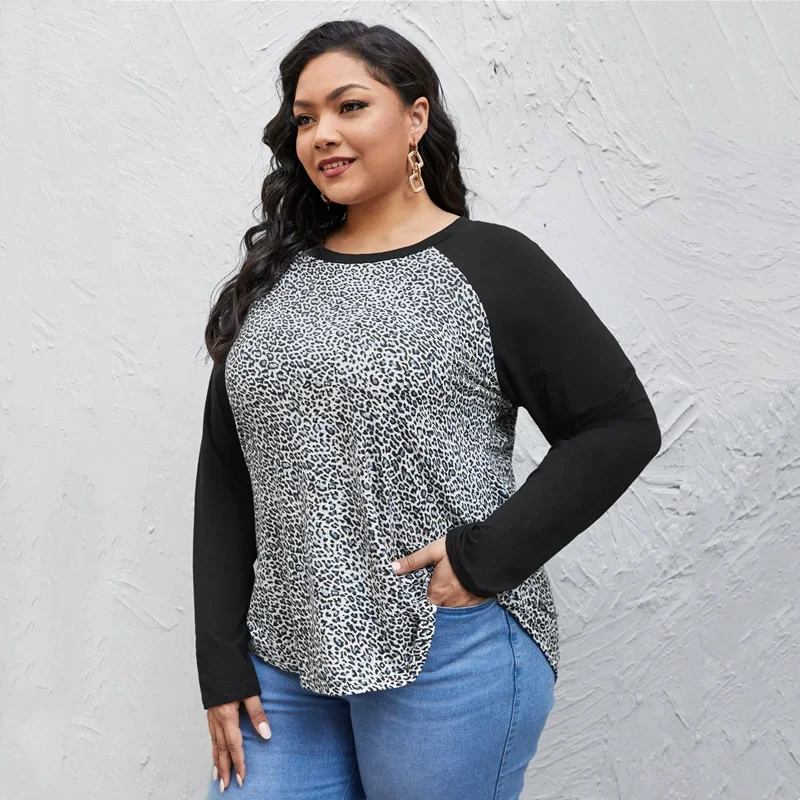 Plus Size Elegant Fashion Blouse Women Long Raglan Sleeve Spring Office Lady Leopard Top T-shirt Ladies Large Size 5XL 6XL 7XL