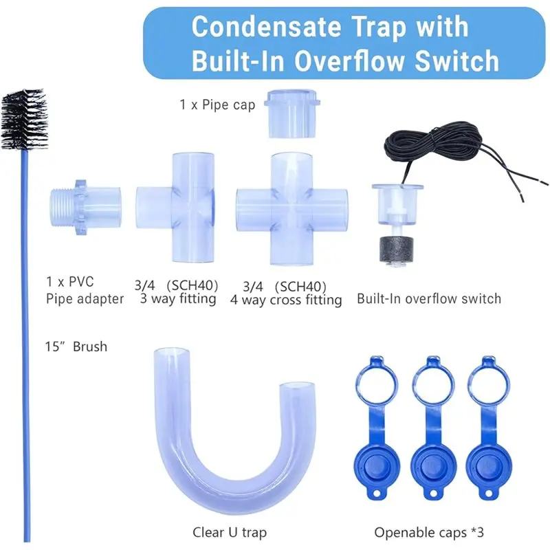 [NEWA08R】 For HVAC System Compatible Condenser Trap- Built-In Overflow Switch& 3/4 Inch Standard PVC U Trap- Smart Drain Kit