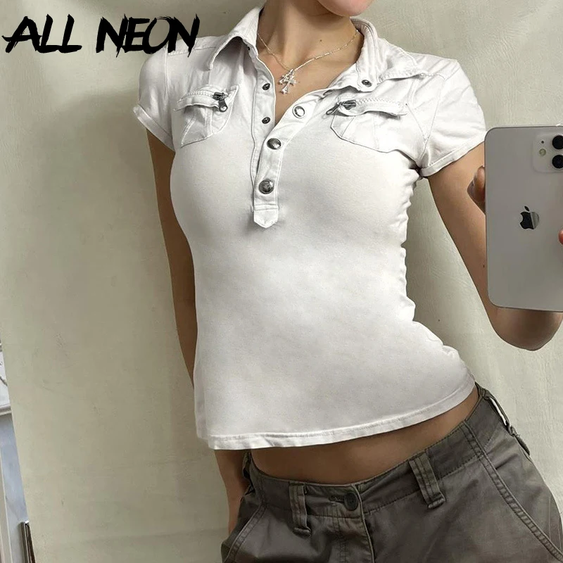 

ALLNeon 2000s Aesthetics Short Sleeve Button-Up T-Shirts 90S Grunge Lapel Collar Slim T-Shirt Zip Women Casual Streetwear Blouse