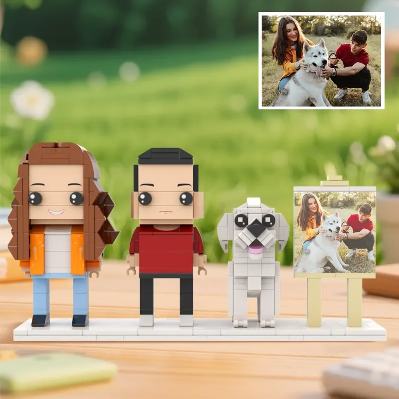 Bloques de construcción personajes de cuerpo completo personalizados 2 personas y lindo marco de fotos de perro figuras de ladrillos lindas personalizadas regalos de aniversario