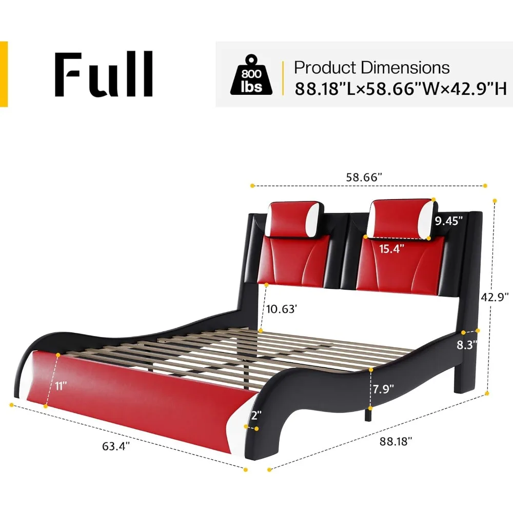 Queen Bed Frame Storage, Wave Like Curve Design No Box Spring Needed, Modern Faux Leather Upholstered Platform Bed