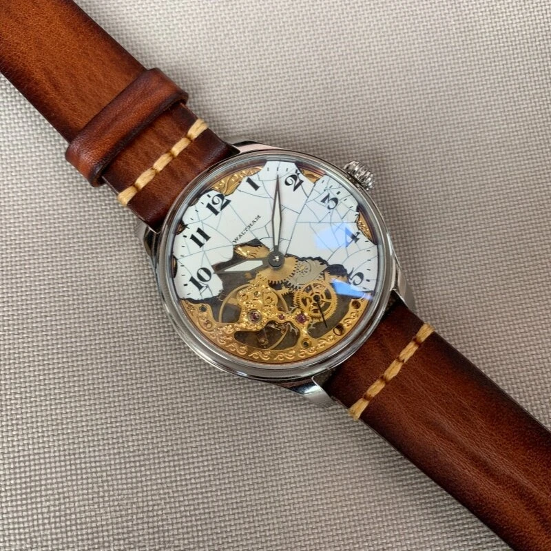 Retro Style Automatic Mechanical Watch Handmade Original Personality Niche Damaged Dial Leather Strap Watch