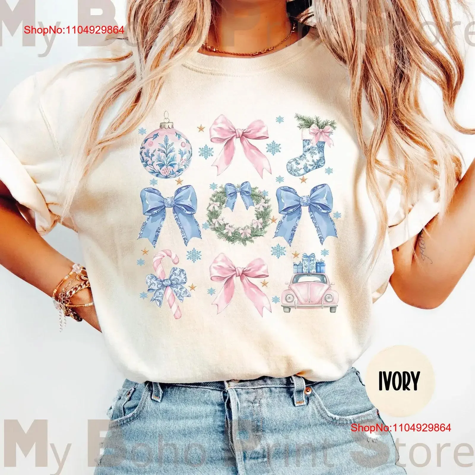 تي شيرت Preppy Grand Millennial Christmas Coquette Bow تي شيرت ألوان مائية Chinoiserie Toile لملابس الشارع الشهير المغسولة العتيقة