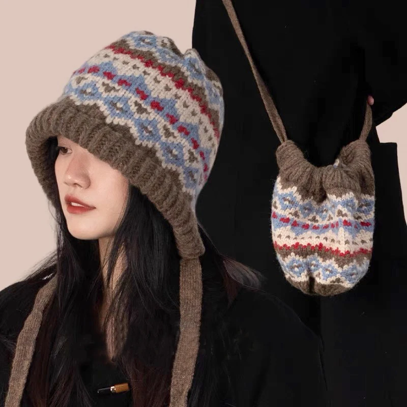 Retro Plaid Strap Knitted Beanies Hat For Women Girls Autumn Winter Warm Ear Protect Hats Casual Versatile Trendy Thick Wool Hat