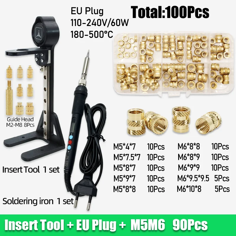 Messing-Einsatzmutter mit Gewinde, 3D-Druckwerkzeug, M2, M3, M4, M5, Heat-Set, Einfügung, Lötkolben-Set, Hot-Melt-Rändelmutter für Kunststoff-PC