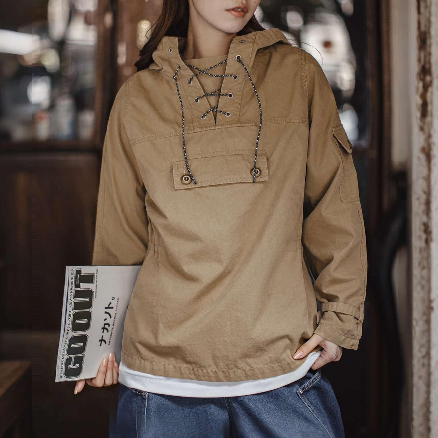 Maden Women's Washed Hoodie Oversized Loose Fit Pullover Sweatshirt Utility Techwear Streetwear Casual Layering Jacket Autumn