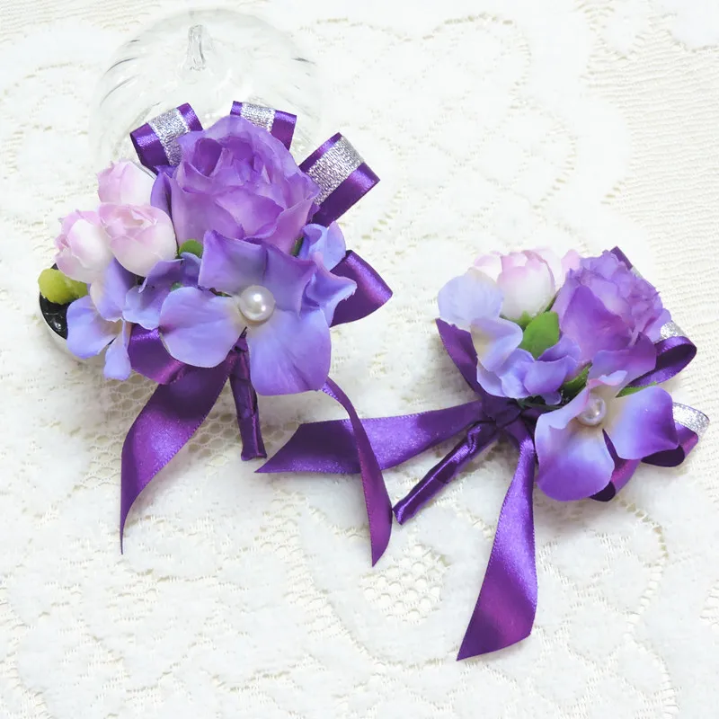 

8cm 6pcs Handmade Silk Rose Bride Boutonniere Corsage Brooch Flower Wedding Birthday Party Decoration Purple