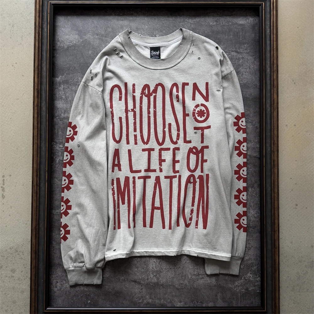 Washed RHCP RED HOT CHILI PEPPERS Saint T-Shirt Men Women CHOOSE NOT A LIFE OF IMITATION Long Sleeves T Shirt Tee Tops