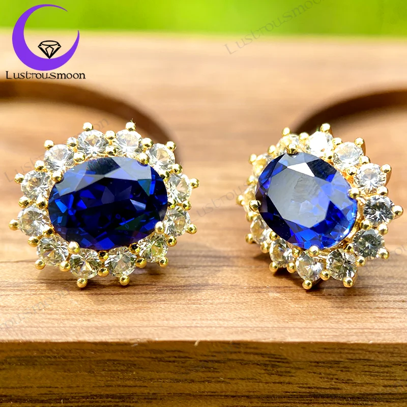 

1 Pair 9K Gold Lab Grown Sapphire Stud Earrings for Women Classical Oval Cut Gems Diamond Ear Jewelry Gift Wedding Engagement