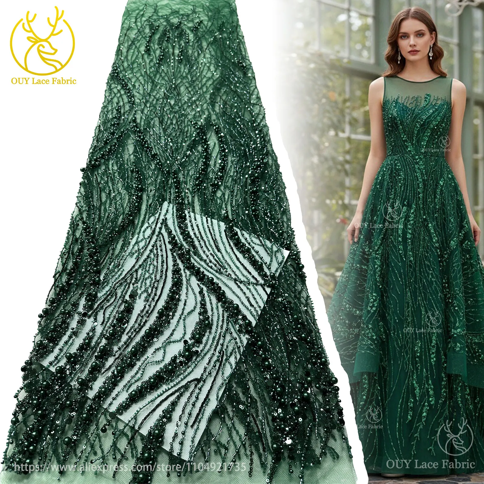 

Зеленая роскошная африканская кружевная ткань ручной работы с тяжелыми бисером, 2022, высокое качество, нигерийская кружевная ткань с блестками, банкетные свадебные платья