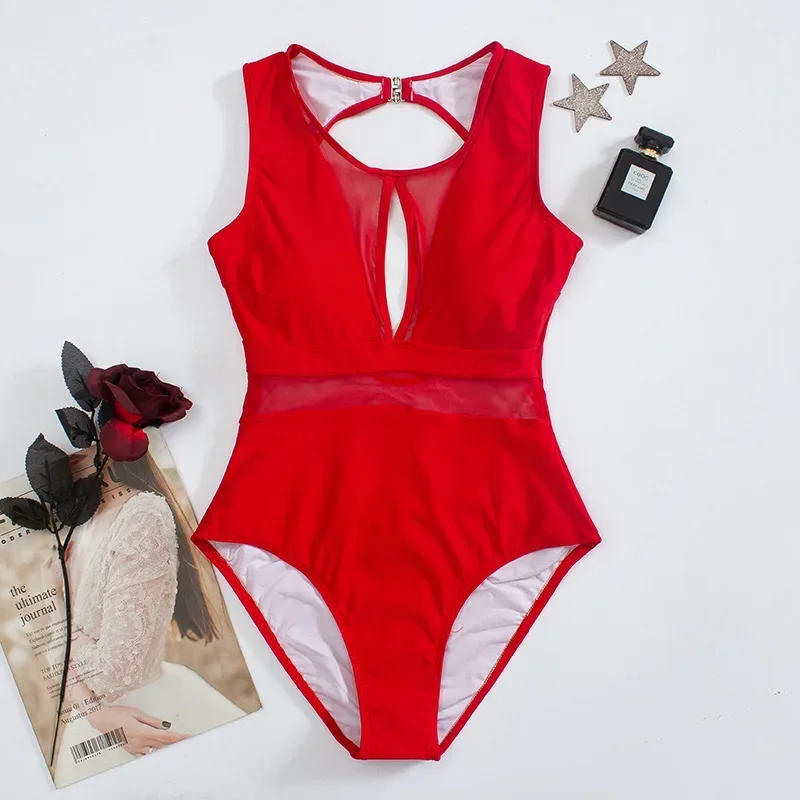 2024 مثير المرأة شبكة سوداء قطعة واحدة ملابس السباحة عارية الذراعين ملابس النساء الاستحمام لباس سباحة الإناث بحر في الهواء الطلق ارتداءها