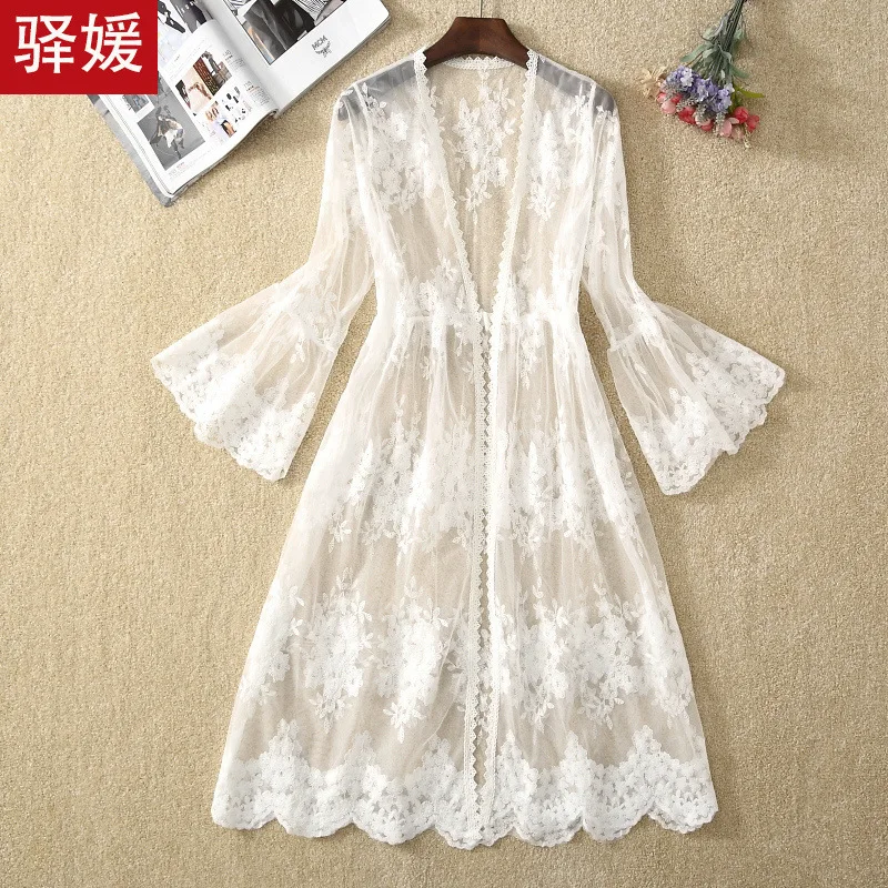 Long Cardigan Beach Cover Up 2023 Summer Blouses For Women Woman V Neck Shirt Top Lace Blusas Femininas Elegant Sunproof Outwear