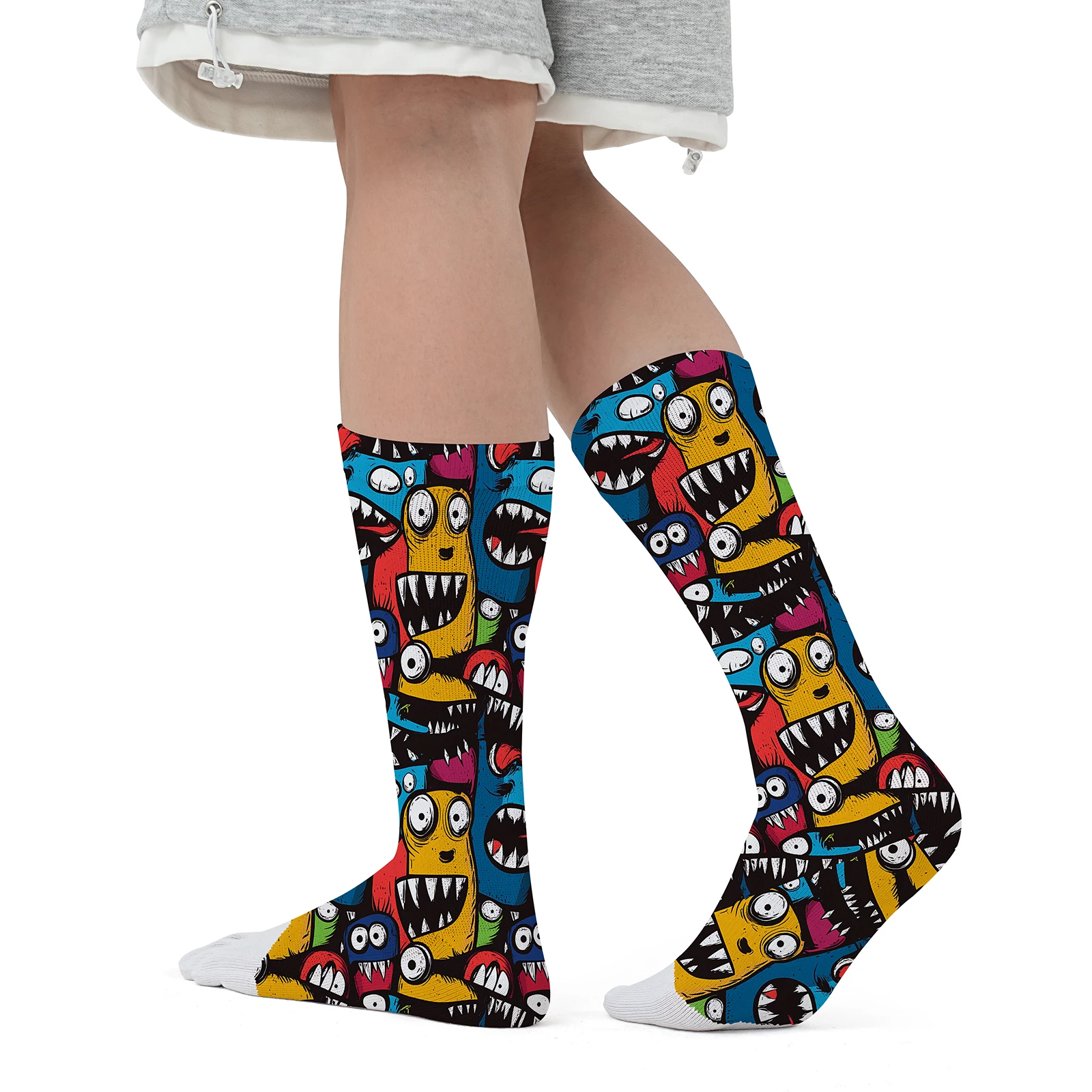 1pair of cartoon little monster cute wind Mosaic print personality mid-tube sports fashion five-finger socks party Stretchy