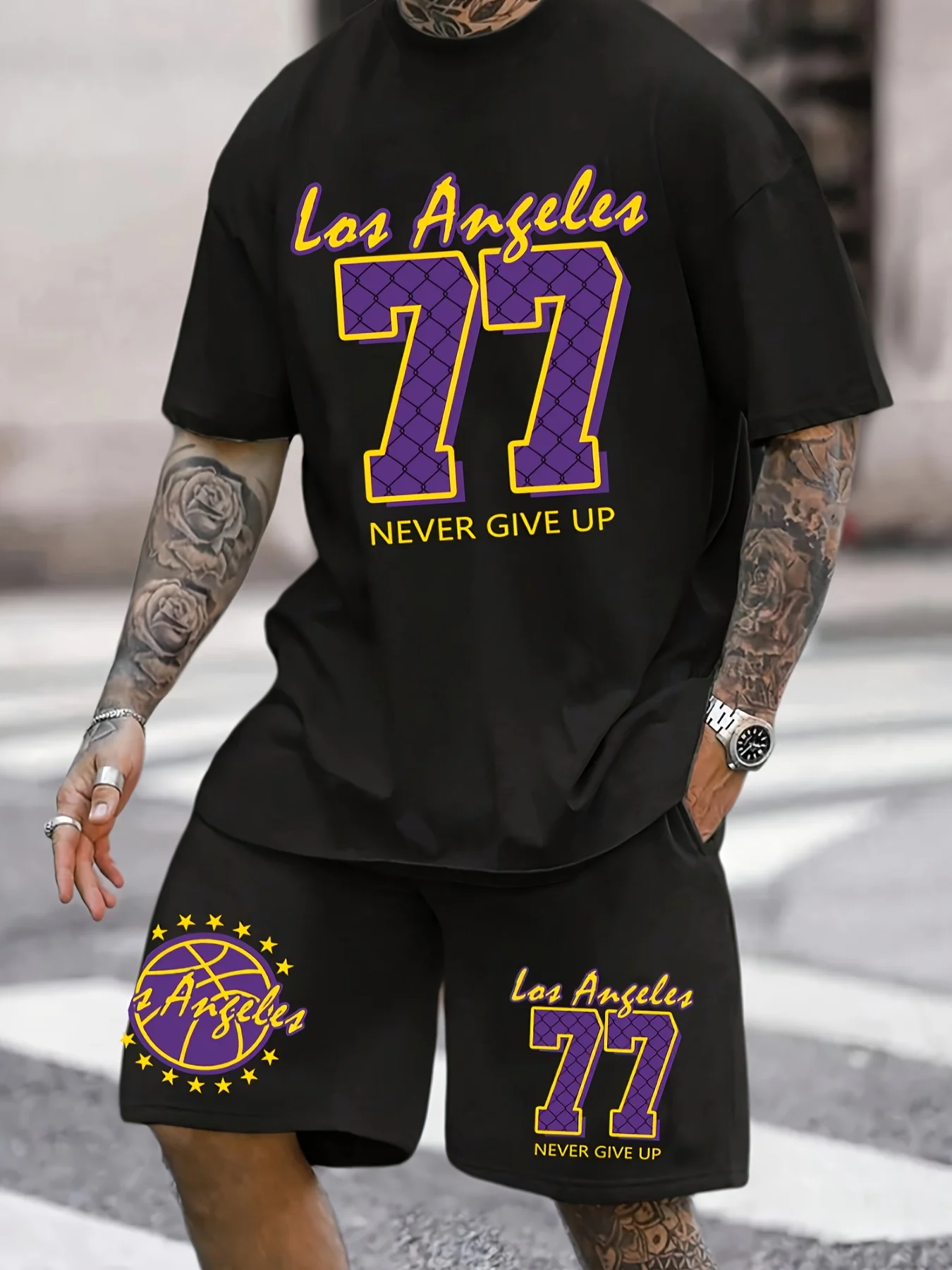 

Мужской летний черный комплект с короткими рукавами и шортами для уличной моды с элементами Лос-Анджелеса и «77»