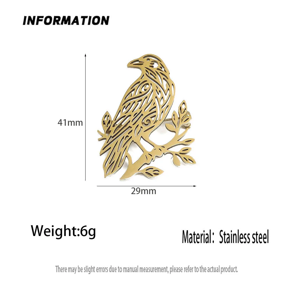 316L Stainless Steel Plated 18K Gold Branch Crow Hollow‑Out Brooch Lapel Pin for Jacket Backpack Unisex Vintage Jewelry Gift