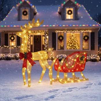 4ft Lighted Christmas Reindeer and Sleigh Outdoor Yard Decoration Set Pre Lit White LED Holiday Display Lawn Ornament for Garden Porch Winter Festival Party Home Decor Display Supplies 8