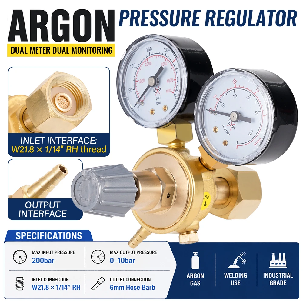 Pressure Regulator Reducer Argon CO2 Welding Twin Gauge Gas Bottle  MIG TIG Welding Flow Meter Control Valve W21.8 1/4 Thread