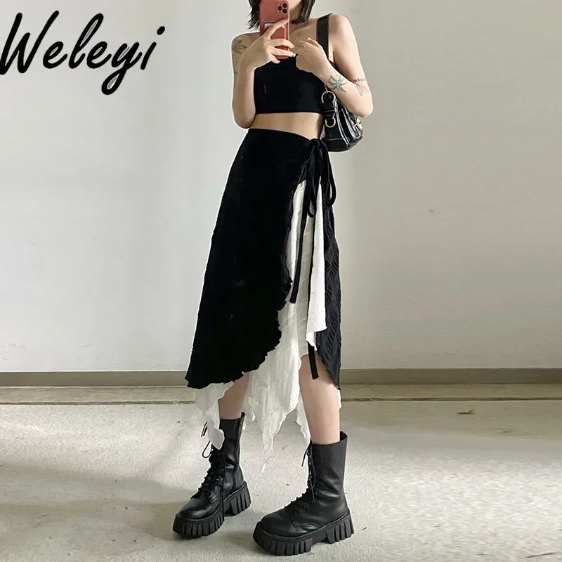 Jirai Kei Kawaii Skirt for Women Summer Clothing 2024 Black and White Contrast Color High Waist Asymmetric Mesh Lace Up Skirts